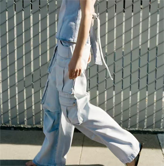 Color-Wide Leg Pants Loose Multi Pocket Overalls Mid Waist Mop Jeans Women-Fancey Boutique