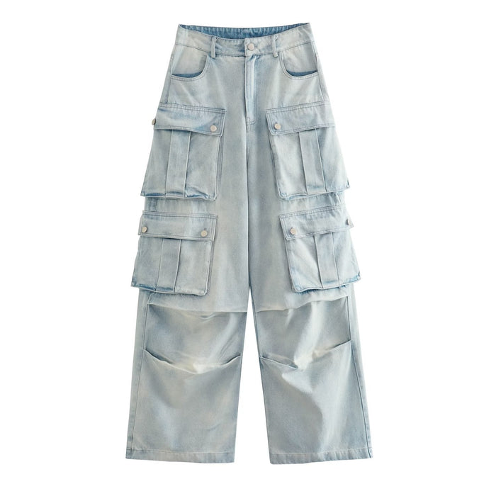 Color-Wide Leg Pants Loose Multi Pocket Overalls Mid Waist Mop Jeans Women-Fancey Boutique