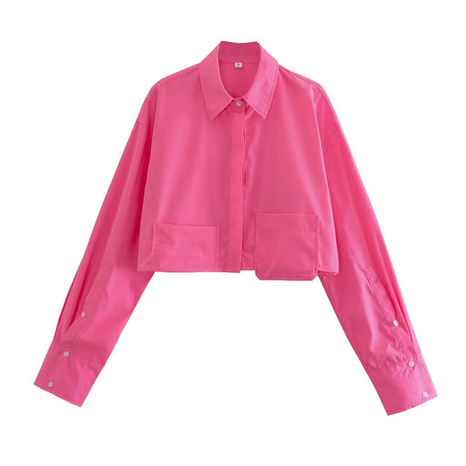Color-Coral Red-Summer Wind Women Long Sleeve Six Color Pocket Decorative Short Shirt-Fancey Boutique