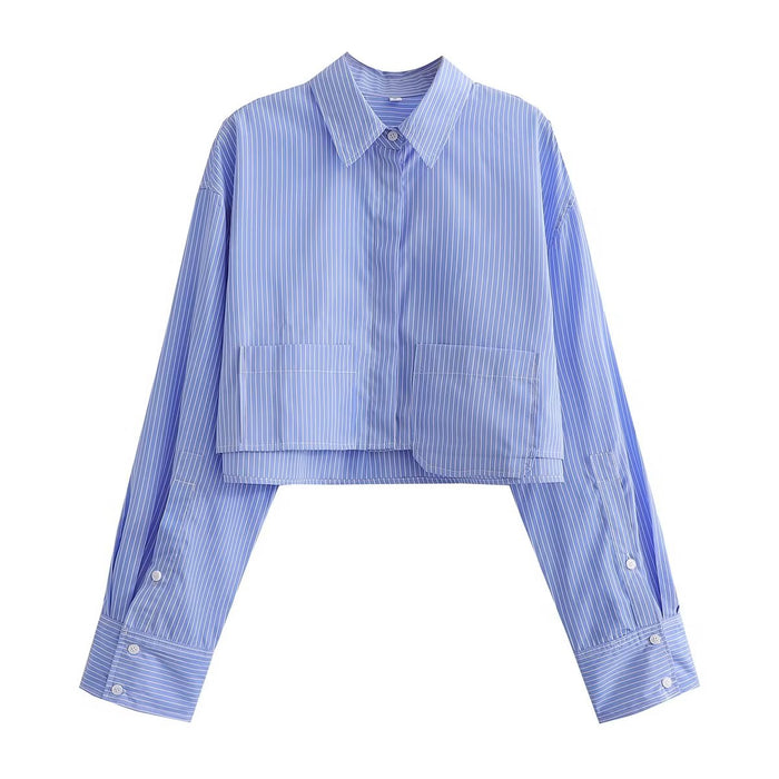 Color-Blue Stripe-Summer Wind Women Long Sleeve Six Color Pocket Decorative Short Shirt-Fancey Boutique