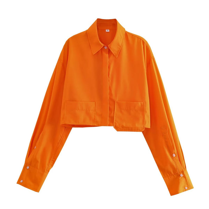 Color-Orange-Summer Wind Women Long Sleeve Six Color Pocket Decorative Short Shirt-Fancey Boutique