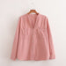 Color-Pink-Spring Women Clothing Solid Color V Neck Single Breasted Pocket Roll Sleeve Loose Shirt-Fancey Boutique