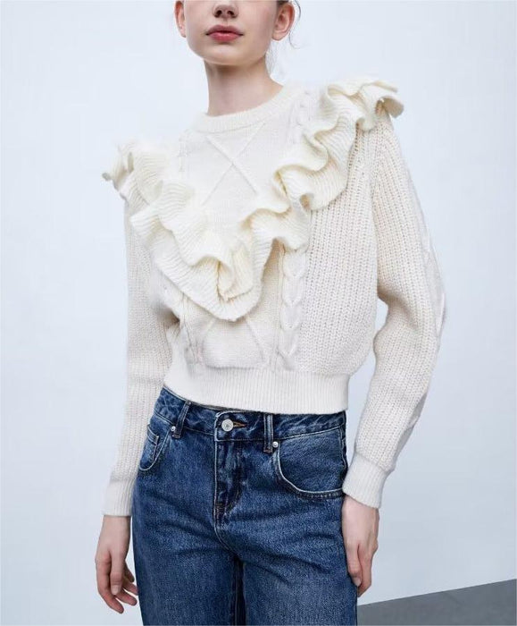 Color-Winter Women Clothes Gentle White Ruffled Crocheted Pullover Sweater Women Sweater-Fancey Boutique