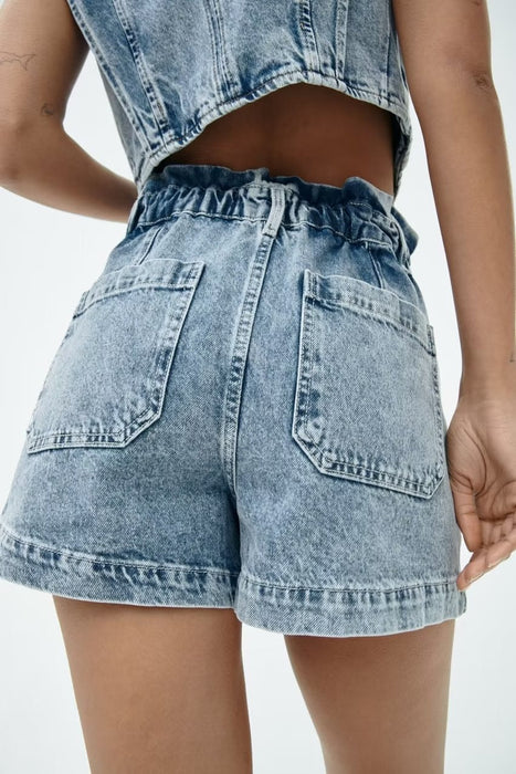 Color-Women Bud Shaped Waist Wide Leg Straight Denim Shorts-Fancey Boutique