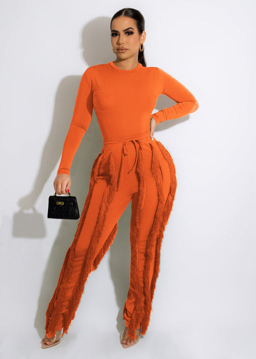 Color-Women Clothing Suit Tassel Lace Jumpsuit Two Piece Set Solid Color Sports Autumn Winter-Fancey Boutique