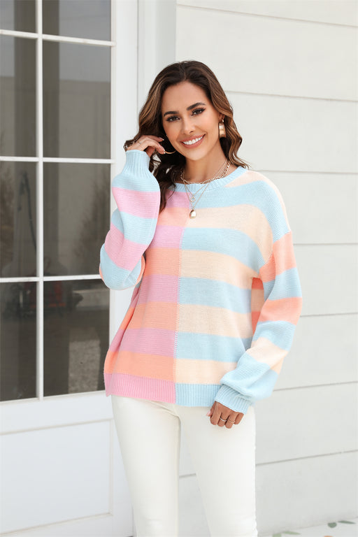 Color-Fall Women Clothing Patchwork Stripes Contrast Color round Neck Knitwear Pullover Sweater-Fancey Boutique