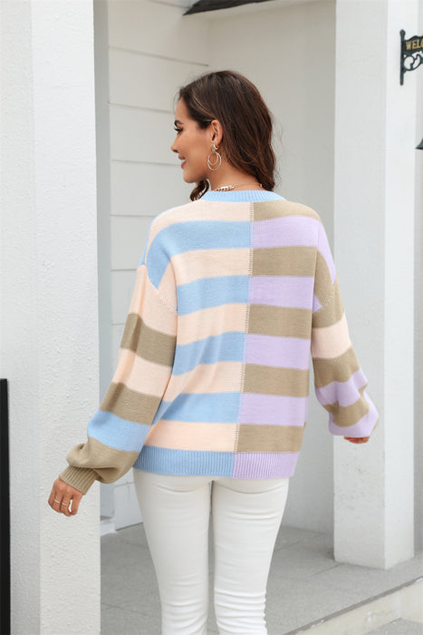 Color-Fall Women Clothing Patchwork Stripes Contrast Color round Neck Knitwear Pullover Sweater-Fancey Boutique