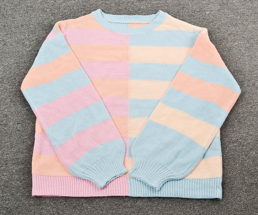 Color-Fall Women Clothing Patchwork Stripes Contrast Color round Neck Knitwear Pullover Sweater-Fancey Boutique