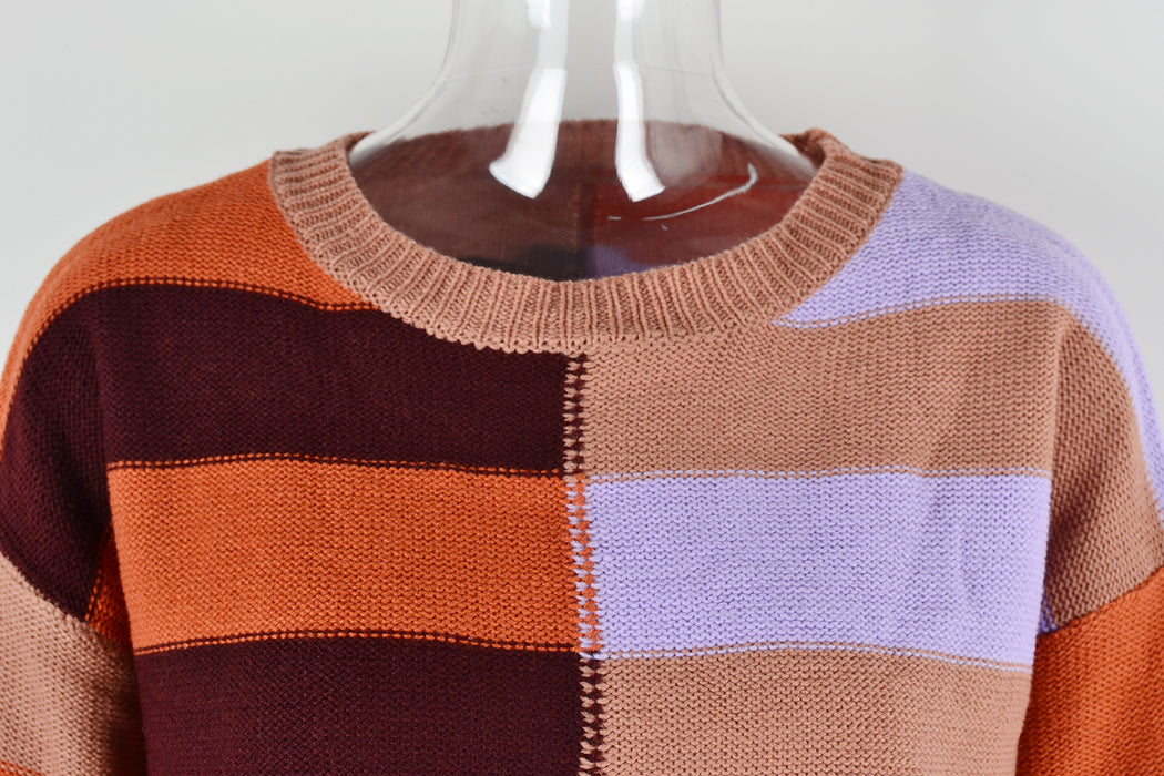 Color-Fall Women Clothing Patchwork Stripes Contrast Color round Neck Knitwear Pullover Sweater-Fancey Boutique