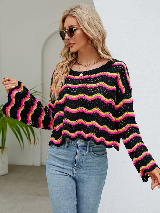 Color-Autumn Winter Women Clothing Long Sleeve Round Neck Knitted Striped Sweater Women-Fancey Boutique
