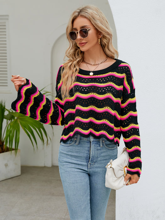 Color-Autumn Winter Women Clothing Long Sleeve Round Neck Knitted Striped Sweater Women-Fancey Boutique