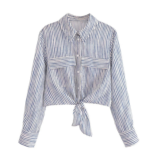 Color-Blue-Summer Women Long Sleeve Polo Collar Stripes Shirt-Fancey Boutique