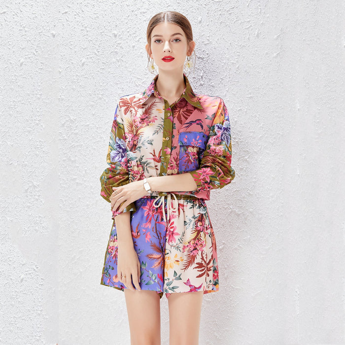 Color-Women Spring Summer and Autumn New Two piece Single breasted Shirt Positioning Printed Loose Cotton and Linen Loose Waist Shorts Set-Fancey Boutique