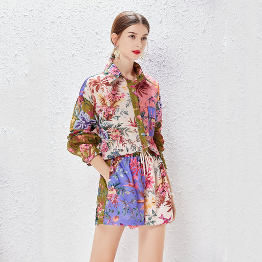 Color-Multi-1-Women Spring Summer and Autumn New Two piece Single breasted Shirt Positioning Printed Loose Cotton and Linen Loose Waist Shorts Set-Fancey Boutique