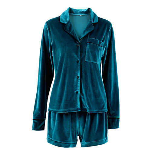 Color-Blue-Women Velvet V neck Suit Collar Women Cardigan Long Sleeve Suit Homewear Pajamas Spring Autumn Blue-Fancey Boutique
