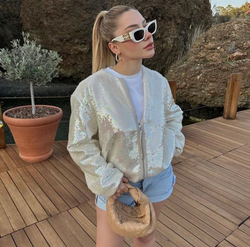 Color-Round Neck Sequ Decorative Motorcycle Bomber Jacket Coat Top Women Varsity Jacket-Fancey Boutique