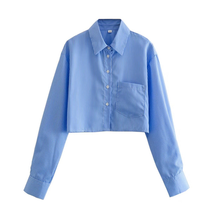 Color-Blue-Summer Women Clothing Niche Back Slit Collared Long Sleeve Short Shirt-Fancey Boutique