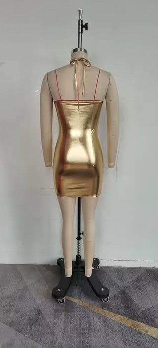 Color-Sexy Halter Backless Women Summer Golden Sheath Dress-Fancey Boutique