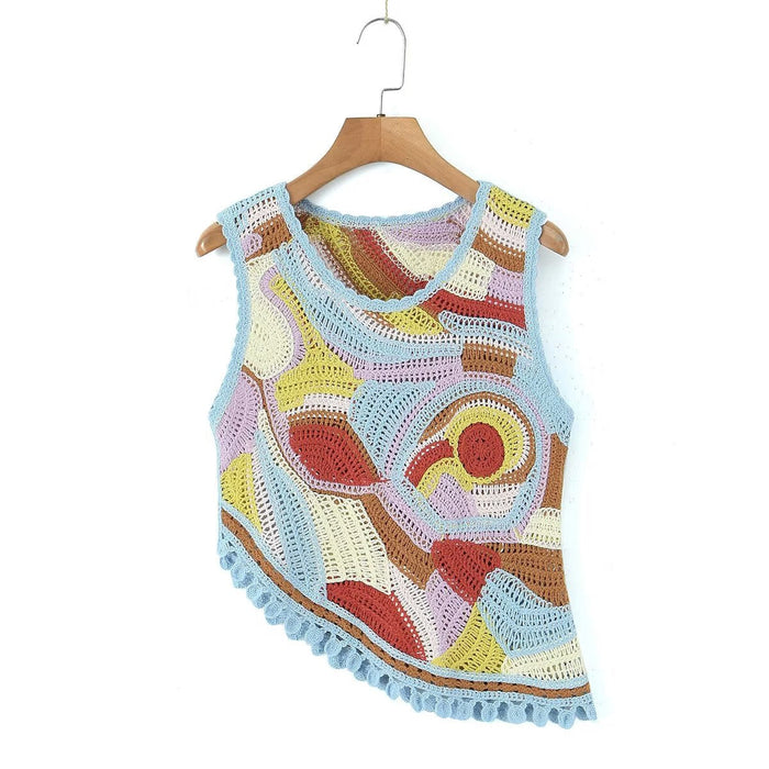 Color-Yellow And Blue-Summer Tassel Retro Vest Irregular Asymmetric Short Vest Women-Fancey Boutique