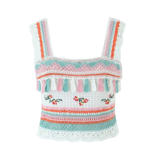 Color-Summer Vintage Embroidery Tassel Suspender Short Camisole-Fancey Boutique