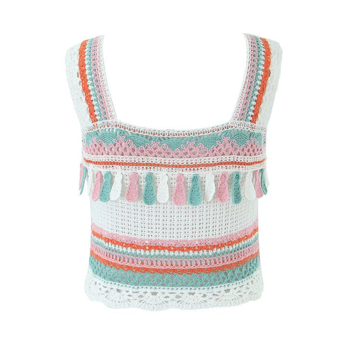 Color-Summer Vintage Embroidery Tassel Suspender Short Camisole-Fancey Boutique
