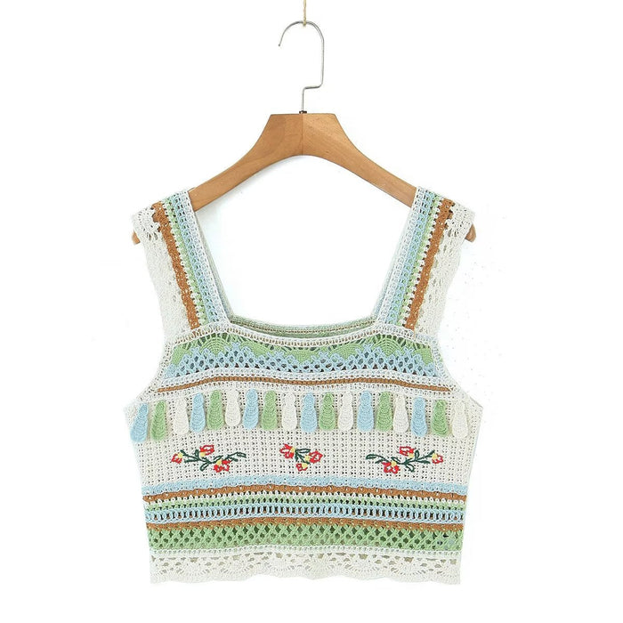 Color-Summer Vintage Embroidery Tassel Suspender Short Camisole-Fancey Boutique