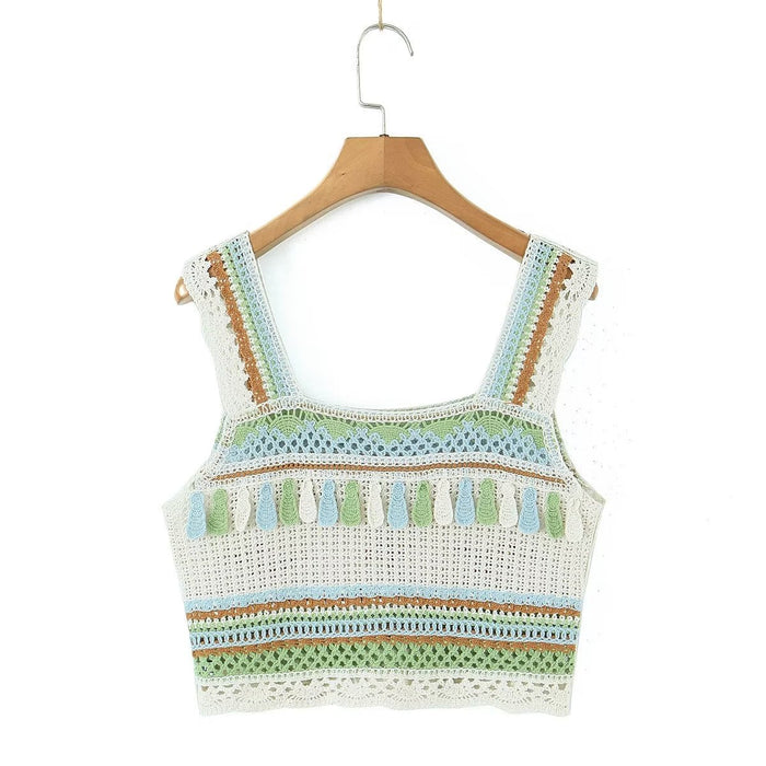 Color-Summer Vintage Embroidery Tassel Suspender Short Camisole-Fancey Boutique