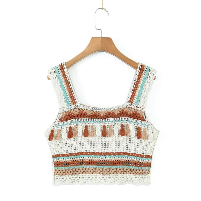 Color-Summer Vintage Embroidery Tassel Suspender Short Camisole-Fancey Boutique