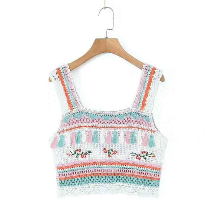 Color-Summer Vintage Embroidery Tassel Suspender Short Camisole-Fancey Boutique