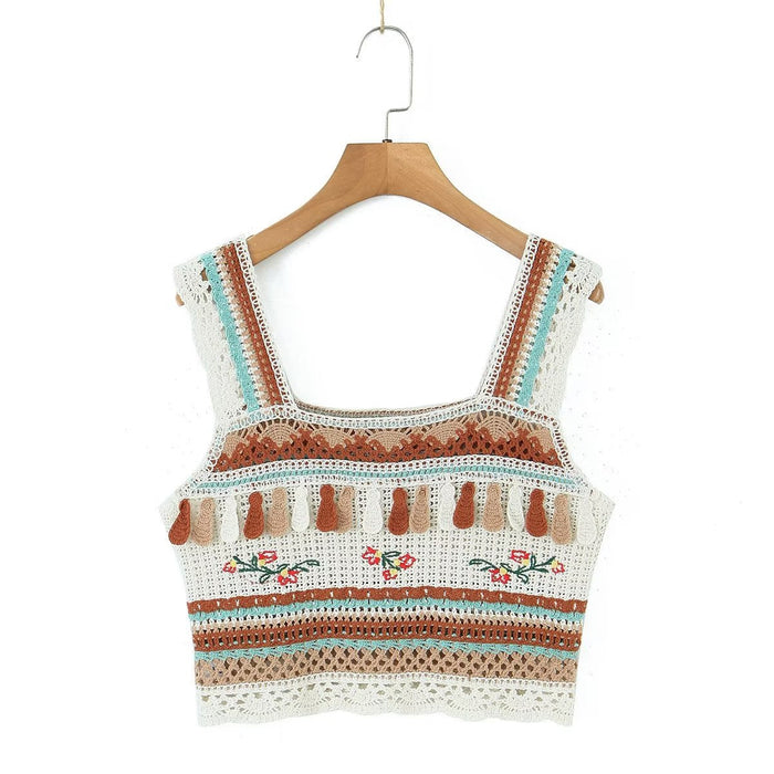 Color-Brown-Summer Vintage Embroidery Tassel Suspender Short Camisole-Fancey Boutique