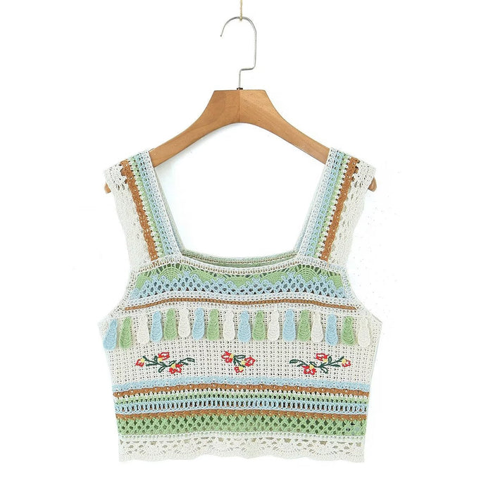 Color-Green-Summer Vintage Embroidery Tassel Suspender Short Camisole-Fancey Boutique