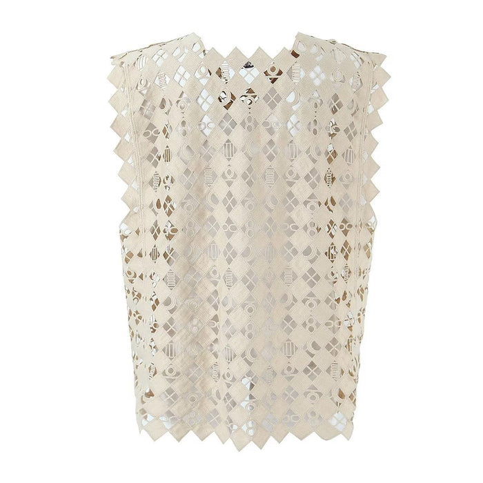 Color-Retro Hollow Out Cutout Out Diamond Lattice Vest Elegant Vest Spring Solid Color Top Women-Fancey Boutique