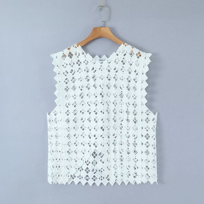 Color-Retro Hollow Out Cutout Out Diamond Lattice Vest Elegant Vest Spring Solid Color Top Women-Fancey Boutique