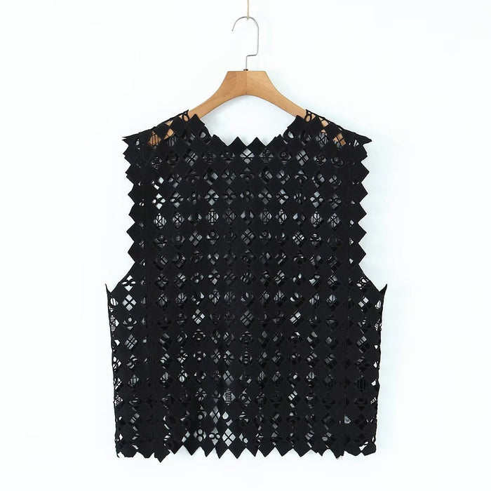 Color-Retro Hollow Out Cutout Out Diamond Lattice Vest Elegant Vest Spring Solid Color Top Women-Fancey Boutique