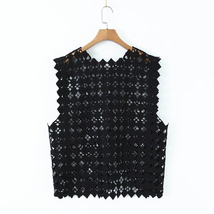 Color-Retro Hollow Out Cutout Out Diamond Lattice Vest Elegant Vest Spring Solid Color Top Women-Fancey Boutique