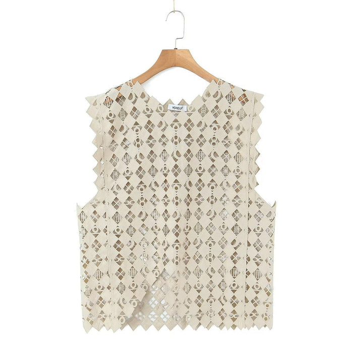 Color-Retro Hollow Out Cutout Out Diamond Lattice Vest Elegant Vest Spring Solid Color Top Women-Fancey Boutique