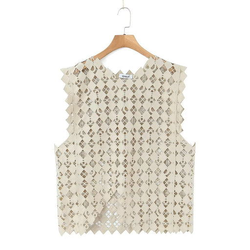 Color-Khaki-Retro Hollow Out Cutout Out Diamond Lattice Vest Elegant Vest Spring Solid Color Top Women-Fancey Boutique