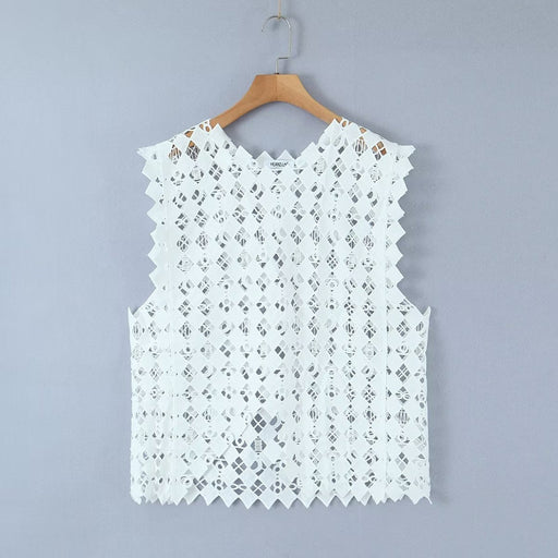 Color-White-Retro Hollow Out Cutout Out Diamond Lattice Vest Elegant Vest Spring Solid Color Top Women-Fancey Boutique
