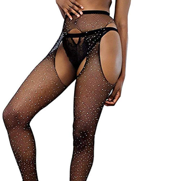 Color-Black-Sexy Open Crotch Thin Mesh Rhinestone Pantyhose Sexy Lingerie Nightclub Performance Dance Women-Fancey Boutique
