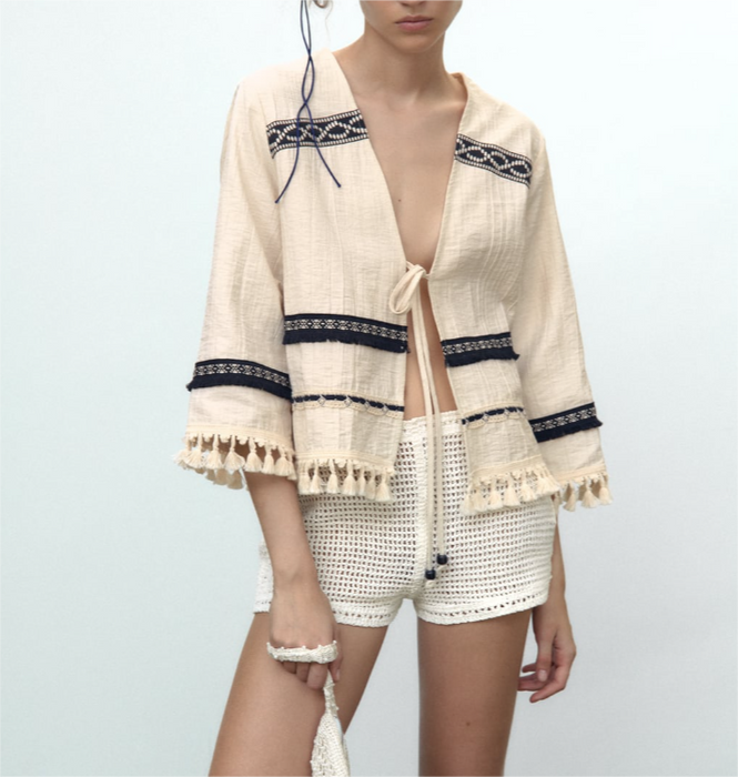 Color-Summer Women Clothing V neck Long Sleeve Decorated Tassel Cardigan-Fancey Boutique