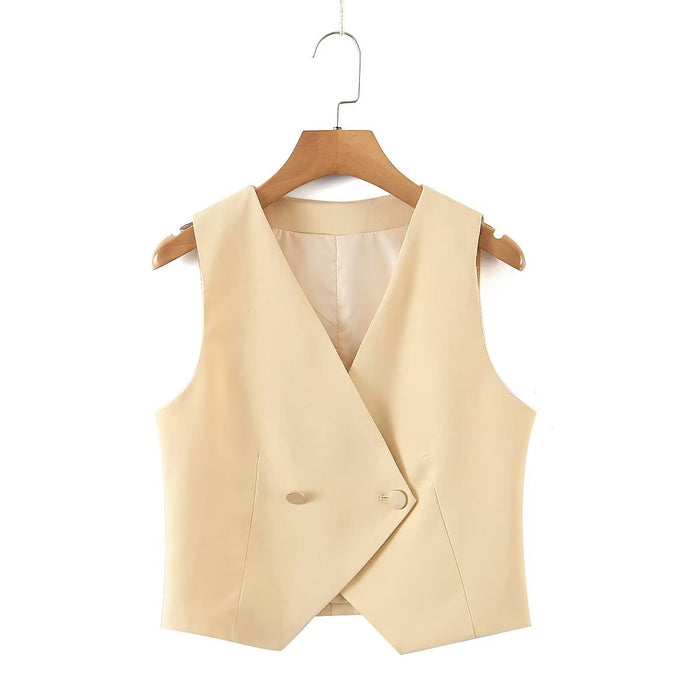 Color-Yellow-Slim V neck Irregular Asymmetric Single Button Sleeveless Vest All Match Solid Color Casual Vest-Fancey Boutique