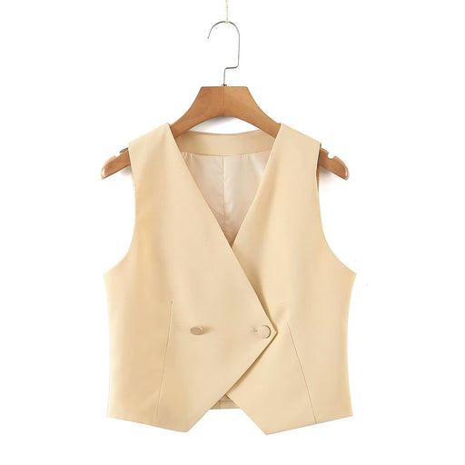 Color-Slim V neck Irregular Asymmetric Single Button Sleeveless Vest All Match Solid Color Casual Vest-Fancey Boutique
