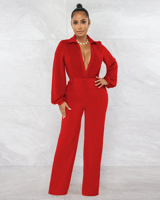 Color-Women Clothing Jumpsuit Sexy V neck Long Sleeve Tight Blouse Trousers Autumn Winter-Fancey Boutique