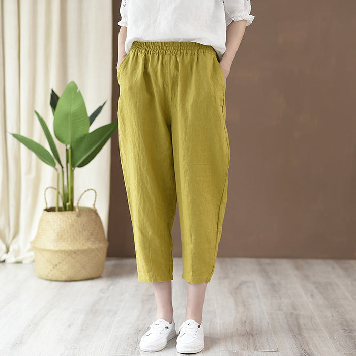 Color-Yellow-Cotton Linen Women Clothing Spring Summer Artistic Cotton Linen Casual Pants Linen All Matching Slimming Cropped Pants Baggy Pants-Fancey Boutique