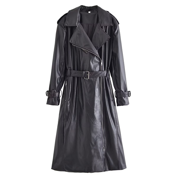 Color-Fall Women Clothing with Belt Black Faux Leather Trench Coat-Fancey Boutique
