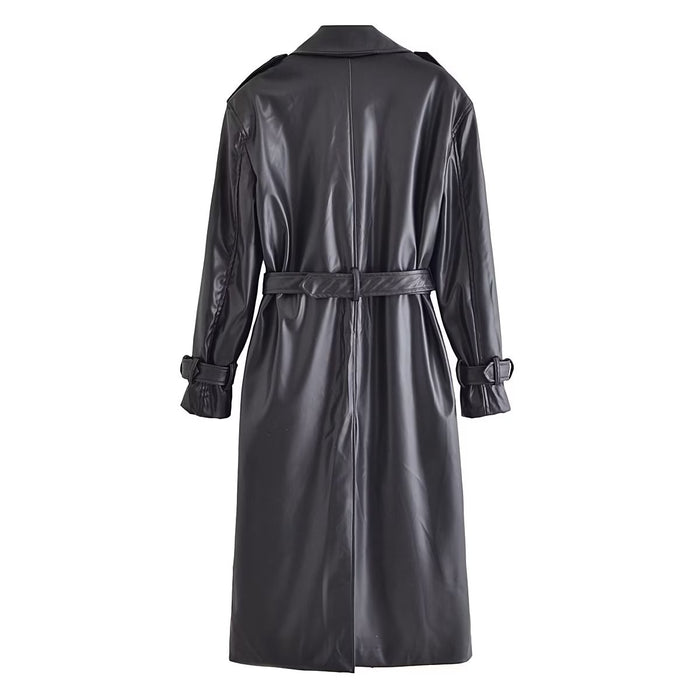 Color-Fall Women Clothing with Belt Black Faux Leather Trench Coat-Fancey Boutique