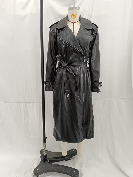 Color-Fall Women Clothing with Belt Black Faux Leather Trench Coat-Fancey Boutique