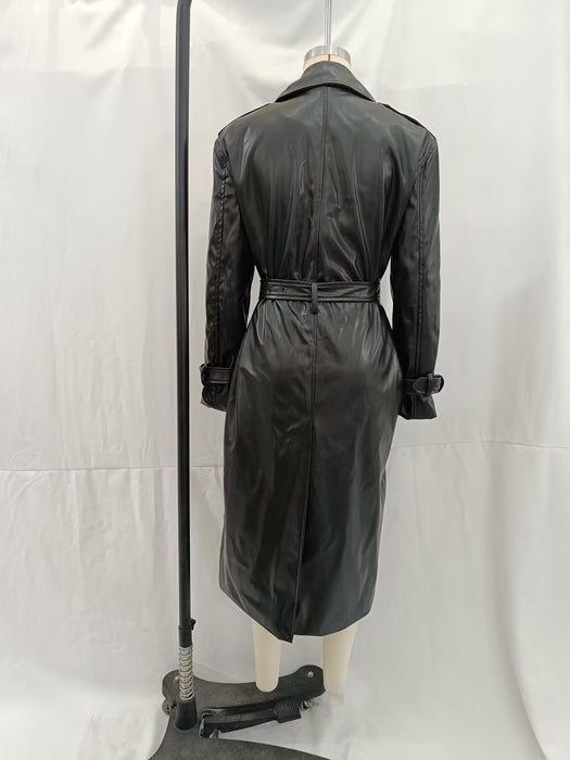 Color-Fall Women Clothing with Belt Black Faux Leather Trench Coat-Fancey Boutique