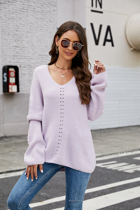Color-Women Clothing V Neck Casual Pullover Women Loose Long Sleeve Sweater-Fancey Boutique