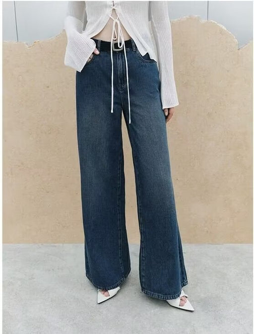 Color-Wide Leg Straight Jeans Women Autumn Winter Loose High Waist All Matching Casual Pants Belt-Fancey Boutique